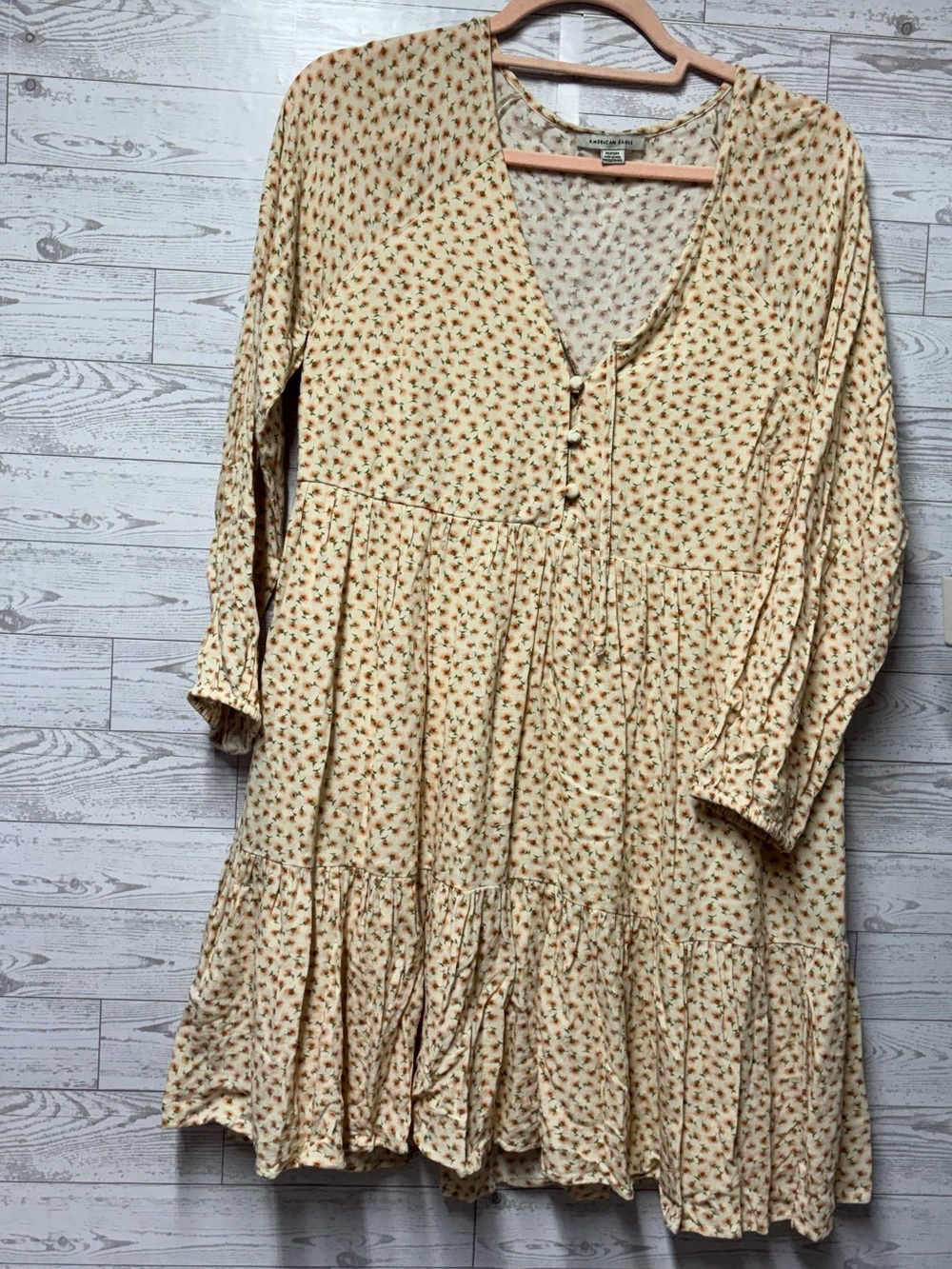 American Eagle Cream Floral Tiered V-Neck Dress